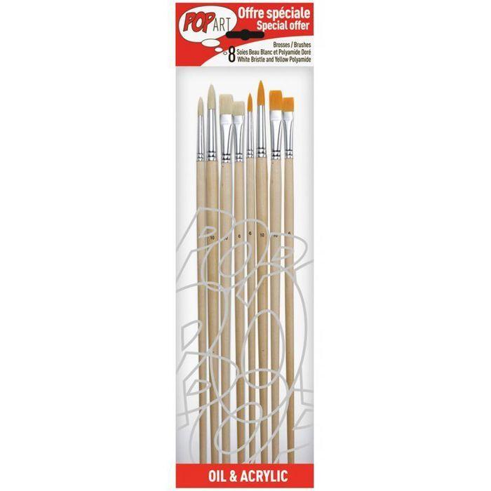 Brushes - PEBEO - Pack of 8 - Golden Polyamide - White Bristle - Anodized Aluminum Ferrule