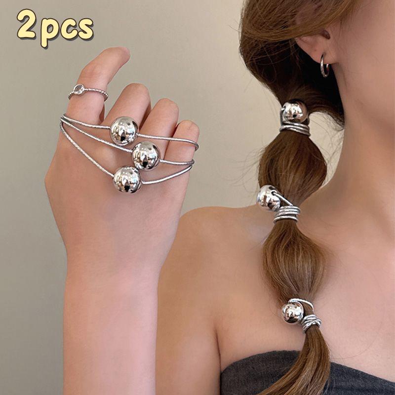 2Pcs  Bright Silver Ball Hair Rope For Women Girls Sweet Versatile Elasticity Hair Ring Headwear Hair Accessories Gifts
