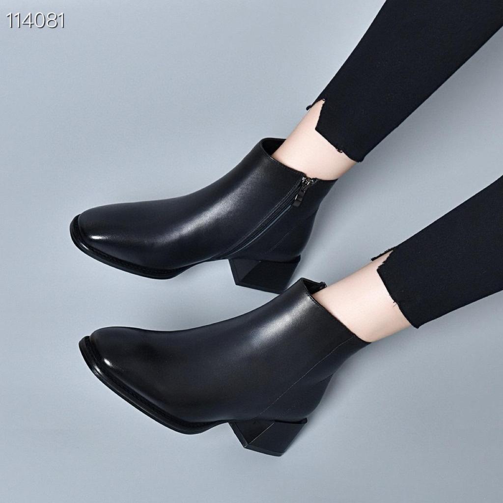 Women's Genuine Leather Pointed Toe Ankle Boots, Medium Chunky Heel, Nude & Coffee, Side Zipper, for Spring, Autumn, and Winter.