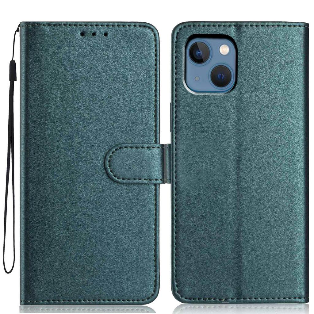 For iPhone 14/13 Wallet Case with Strap/Multiple Card Slots Solid Color Leather Stand Phone Cover