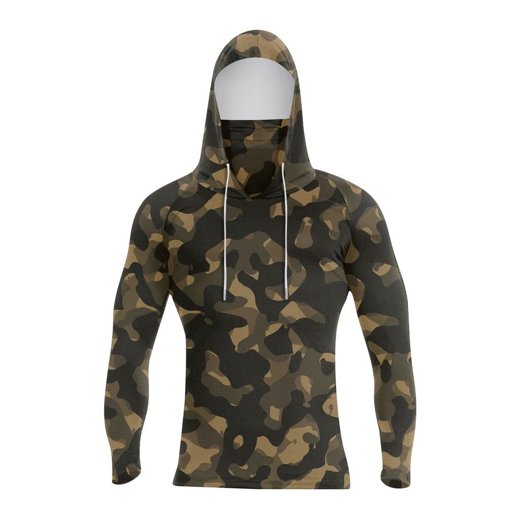 Men's Long Sleeve Hoodie with Built-In Face Covering Lightweight Camouflage Print Pullover for Outdoor Activities