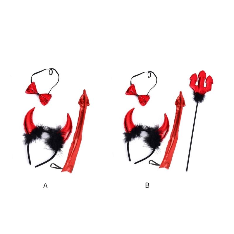 Cartoon Devil Horn Shape Hair Hoop Plush Carnivals Party Headpiece Colorful Cosplay Party Tail&Bowties Props Unisex