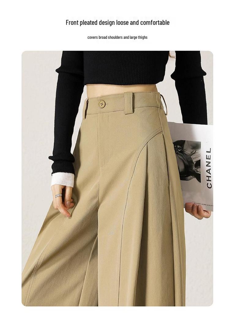 Women's High-Waisted Khaki Wide-Leg Pants with Side Pleats - Slimming, Trendy Fashion for Spring & Autumn 2025
