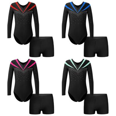 Girls Dance Gymnastics Leotard Long Sleeve Rhinestone Decor Contrast Color Style Bodysuit and Shorts