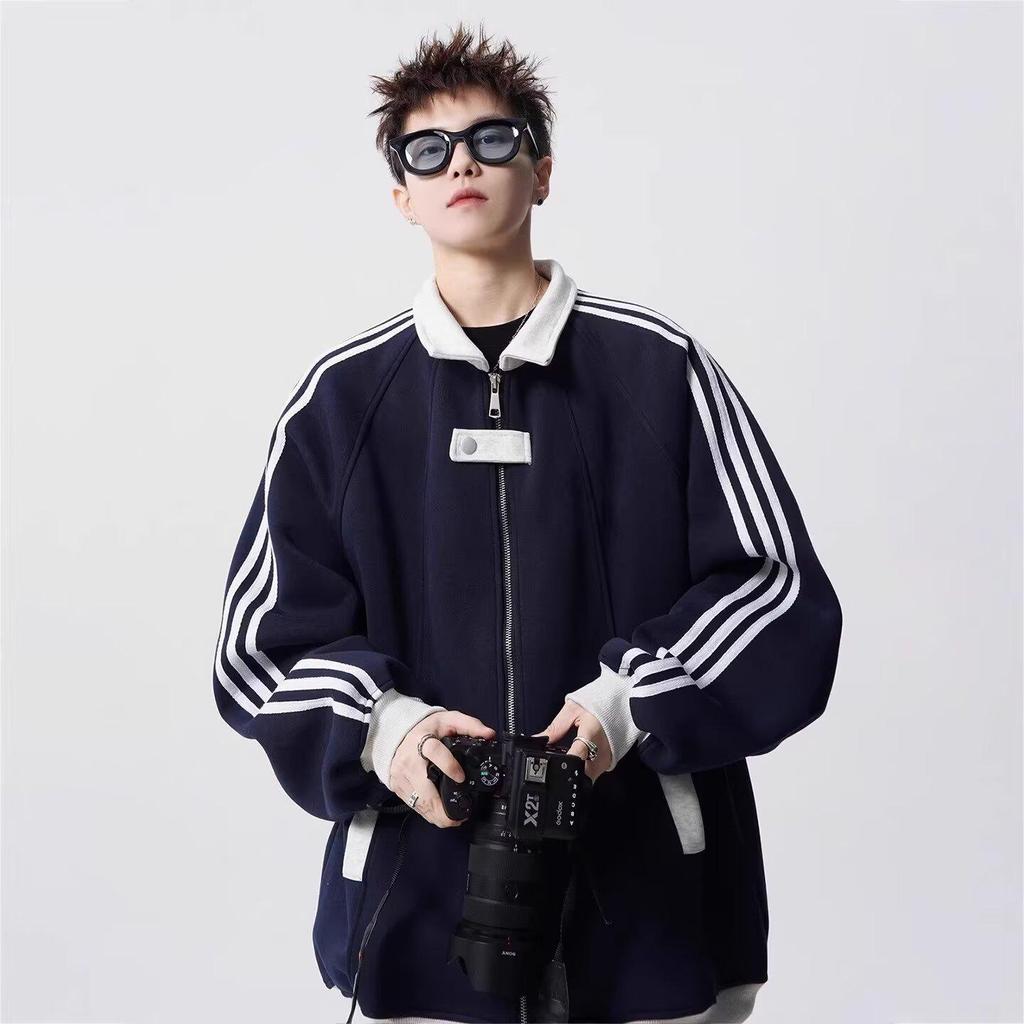 Unisex American Color Block Striped Hoodie, Heavyweight Baseball Jacket-Style Cardigan for Spring/Autumn