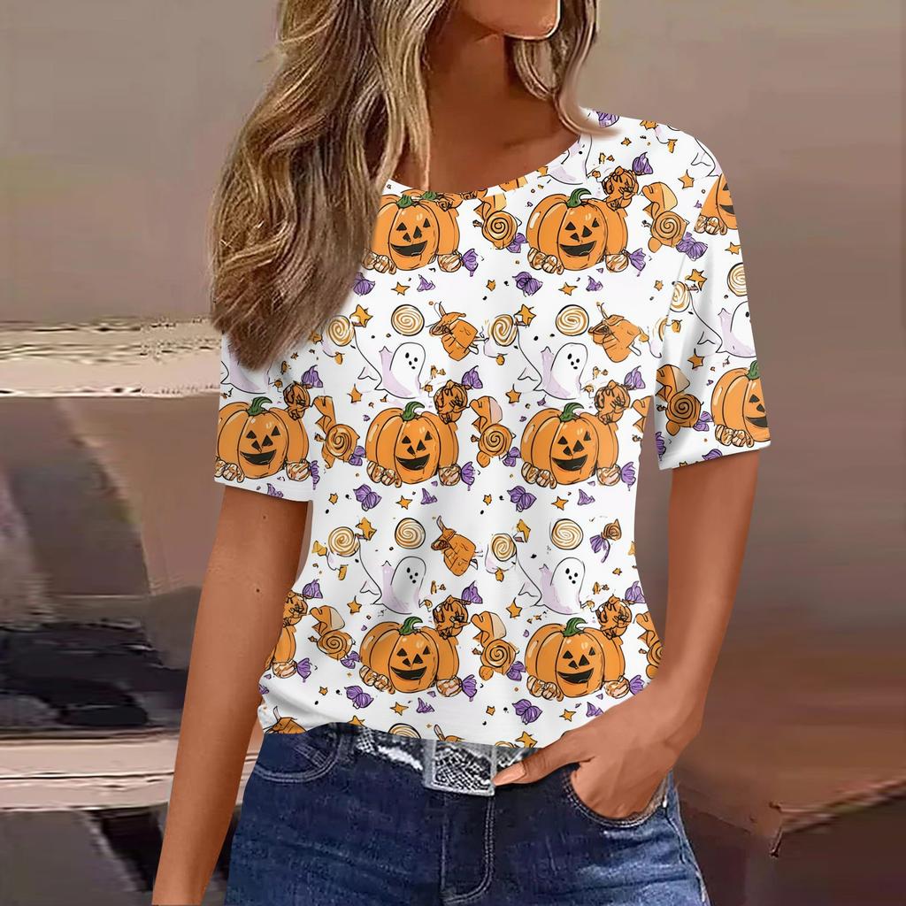 Women's Casual Short Sleeve Pullover Top Halloween Bat Pumpkin Print Round Neck Relaxed Fit Shirt for Fall Seasonal Wear