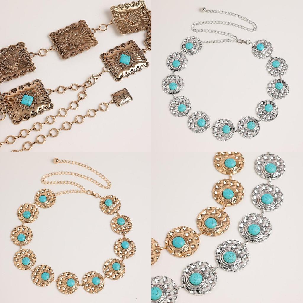 Bohemian Style Artificial Turquoise Metal Waist Chain With Vintage Finish For Women