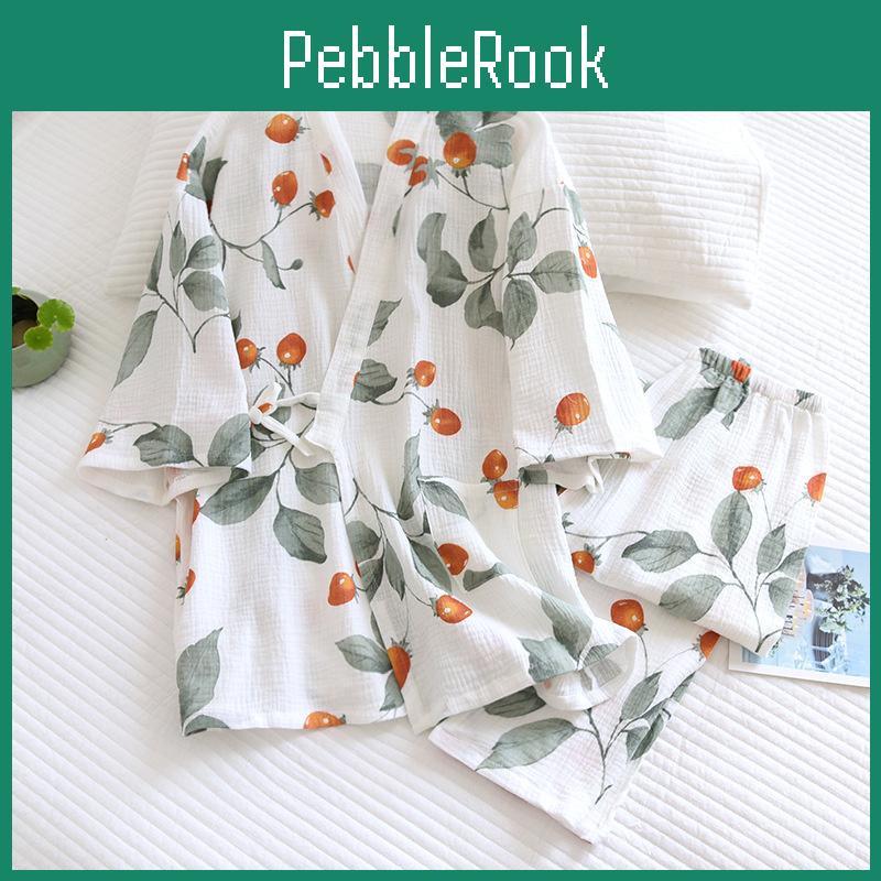 Pajamas Women Point Kimono Seven Sleeve Cotton Gauze Crepe Sleepwear Loose Home Clothes Twopiece Suit Pijamas
