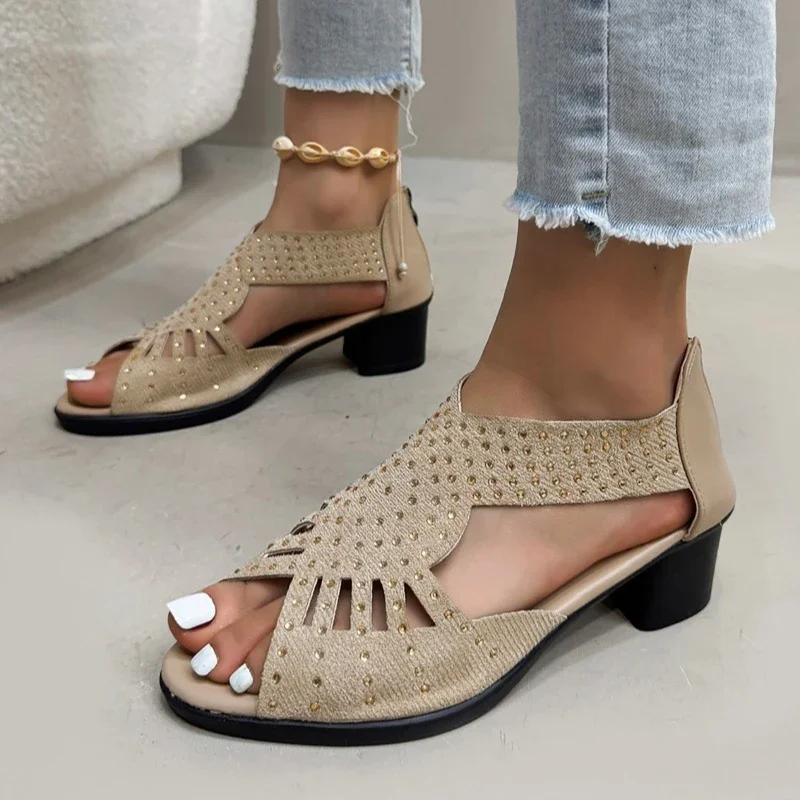 Ladies Shoes on Offer Summer Back Zipper Women's Sandals Fashion Crystal Office and Career Open Toe Best Seller Heeled Sandals