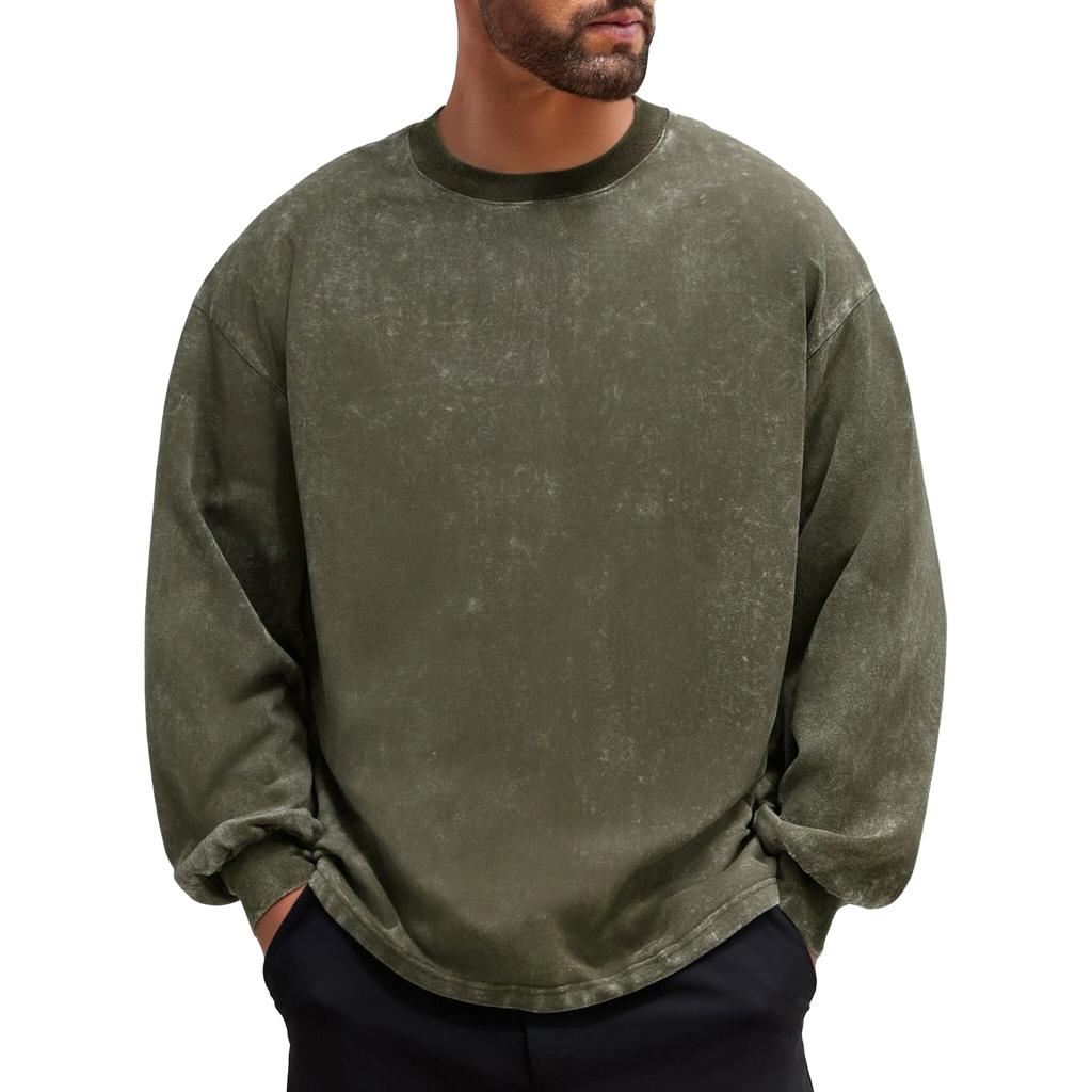 Men's And Women's Casual High-weight Washed Distressed Long-sleeved Men's Off-the-shoulder Retro Loose Round-neck All-cotton Top