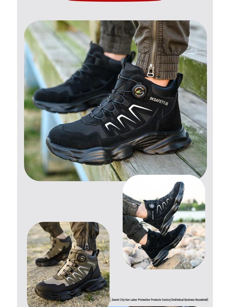 Men's High-Top Safety Boots: Anti-Smash, Anti-Puncture, Durable, Comfortable, Easy Button Closure for Work Protection
