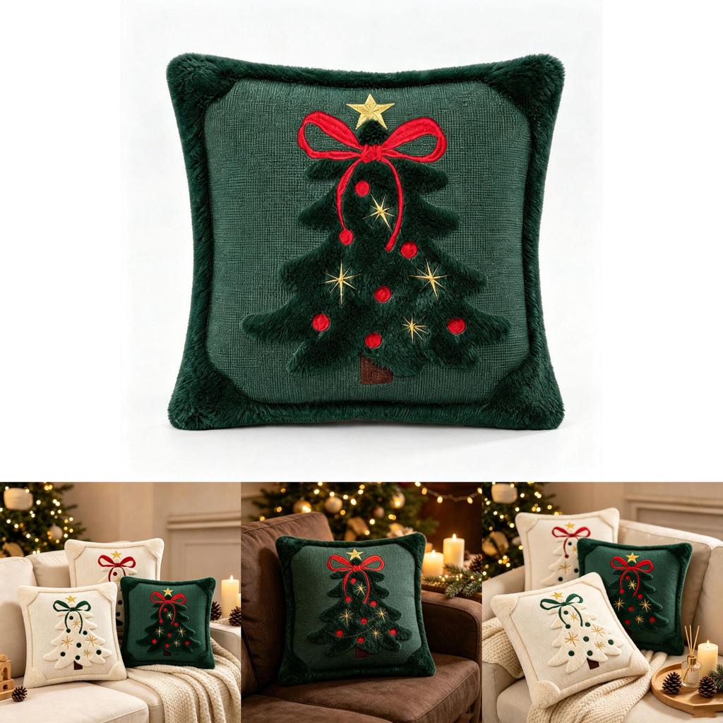 Christmas Tree Embroidered Pillow Cover With Bow Design For Home Decor
