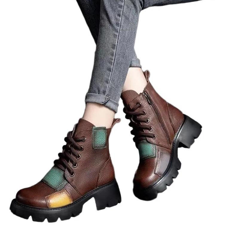 Retro thick heel Martin boots women's 2025 autumn and winter new soft leather color matching ethnic style short boots high heel waterproof table singl
