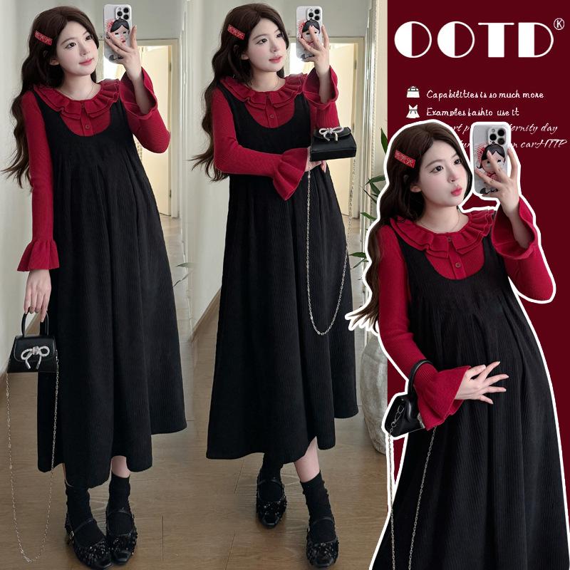 2025 French Style Autumn Maternity Two-Piece Set: High-End Vest Dress & Top for Winter XXL