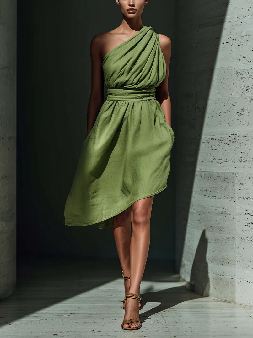 2026 Independent Station Simple and elegant single shoulder irregular solid color non-medium and long women s dress XS зелёный
