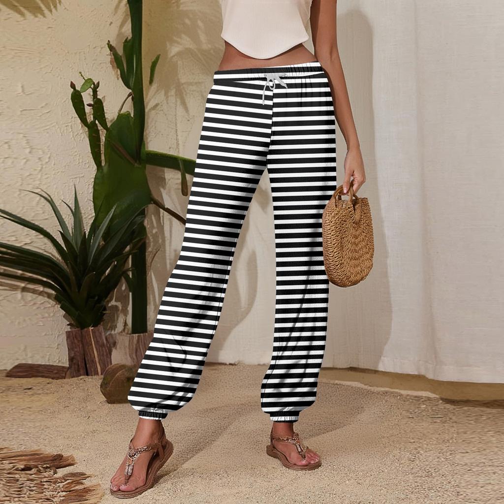 Women's Casual Striped Sweatpants with Drawstring Elastic Waist and Cuffed Hem