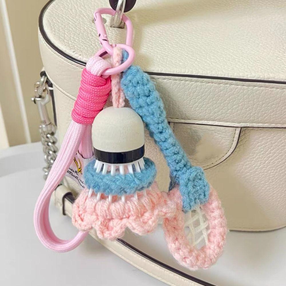 Mini Knitted Badminton Pendant Bright Color Car Keyring Crochet Badminton Keychain  Backpack Decor