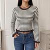 2026 Autumn/Winter Sweet Retro Striped Ruffled Slim Knit Sweater for Women
