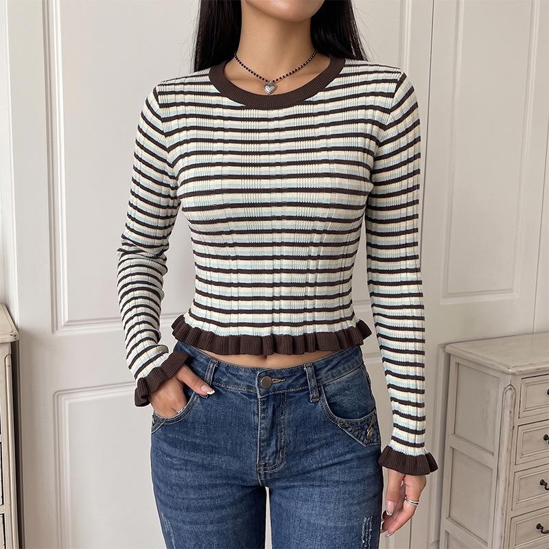 2026 Autumn/Winter Sweet Retro Striped Ruffled Slim Knit Sweater for Women