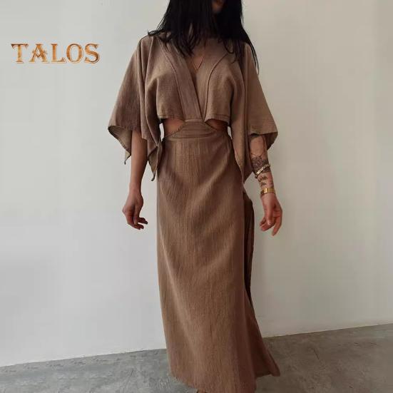 Women's V Neck Maxi Dress Sexy Hollow Out Short Sleeve Bodycon Split Dress Summer Cotton Linen Long Dress for Beach Vacation