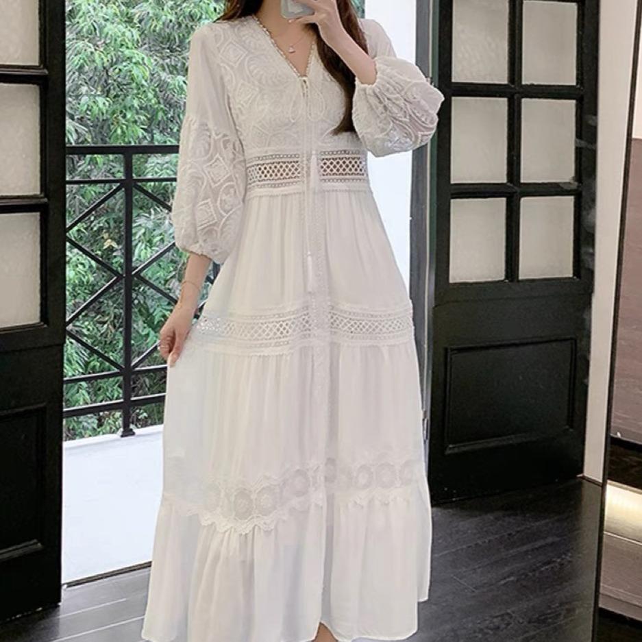 Spring-autumn Versatile Ethnic Style New White Lace Vacation Beach Dress, V-neck Elegant Long Dress, Ultra-fairy Dress for Women