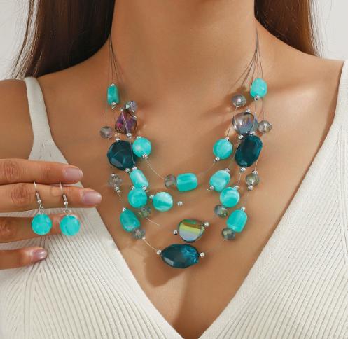 Retro Multi-Layer Dazzling Beaded Turquoise Q- Jewelry Set (50g) One Size