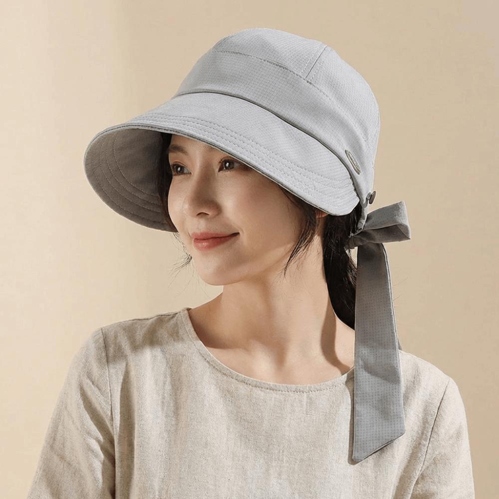 Solid Color Wide Brim Bucket Hat Ribbon Peaked Cap Foldable Women Sun Hat  Outdoor