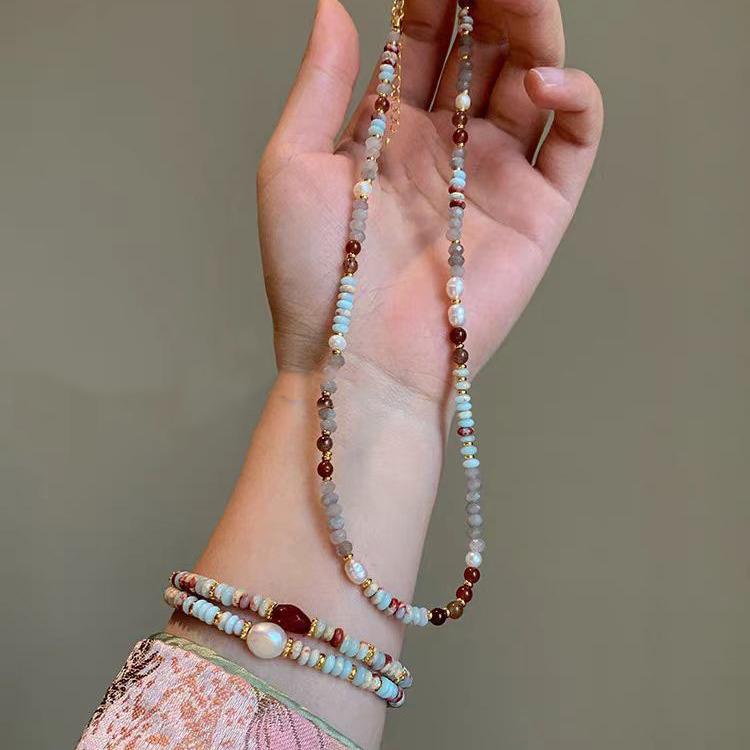 Vintage Imitation Natural Pearl Tourmaline Bead Necklace, Irregular Blue Collarbone Necklace, Women's Banquet Accessories