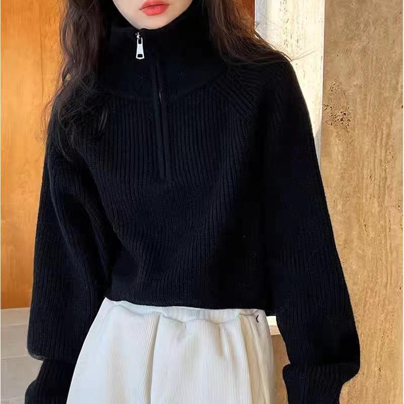Red Knitted Sweater Women's Short Thickened Half High Collar Zipper Pure Color Loose Fit Autumn Style High Waist Sweater