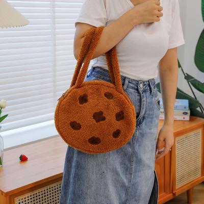 Yousheng Chocolate Cookie Tote Fluffy Brown Cookie Shoulder Bag Zippered Round Plush Handbag for Women Work Travel Street Date