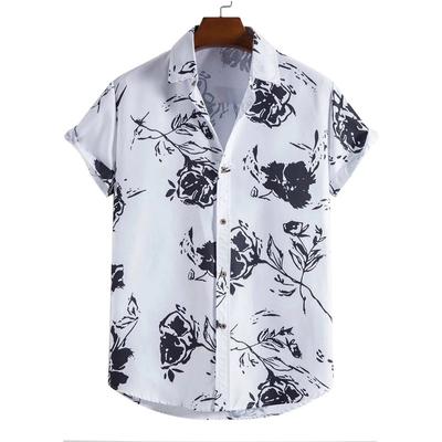 Męska koszula slim fit czarno-biała z nadrukiem w róże, męska młodzieżowa, casualowa koszula z krótkim rękawem i klapami