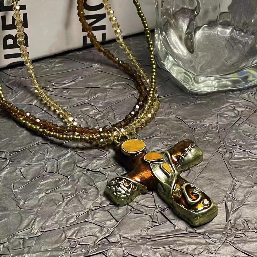 Metal Pendant Beaded Chain Necklace Multicolor Sweater Necklace Gothic Cross Necklace Women
