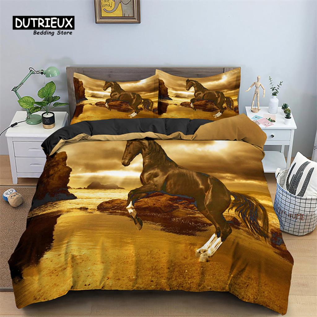 Horse Duvet Cover 3D Steed Farm Animal Comforter Cover Polyester Exotic Style Western Cowboys Bedding Set Twin For Kids Boy Teen