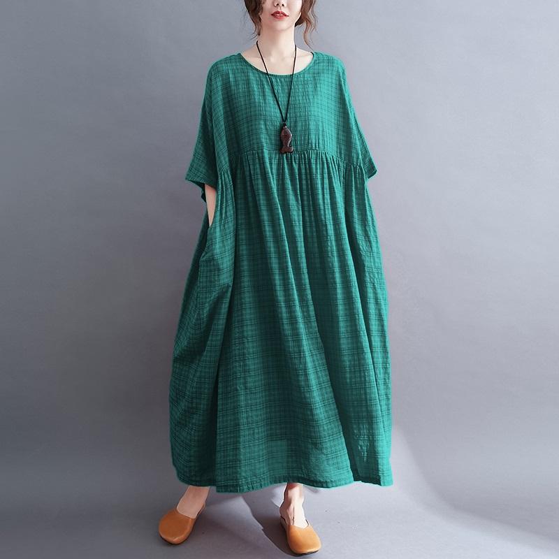 Robe d'été longue et décontractée en coton à manches courtes et à carreaux vintage pour femme, grande taille