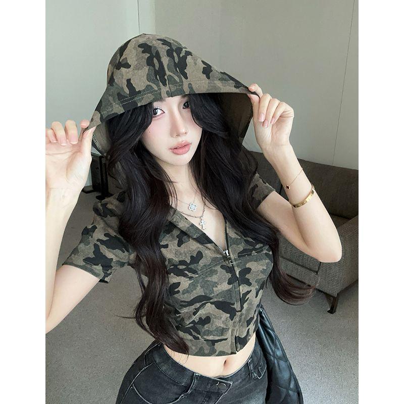 Women's American Hot Girl Camouflage Hooded Short-Sleeve T-Shirt & High-Waisted Cropped Zip-Up Cardigan Set