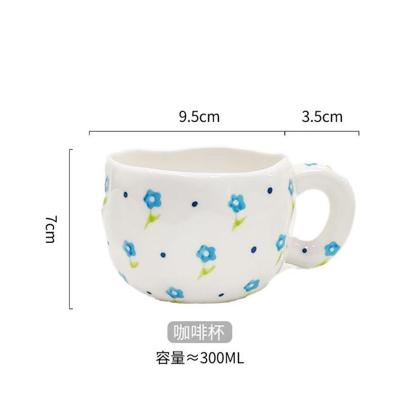 300ML Korean Style Hand Pinched Irregular Ceramic mug Hand-painted Flower Heart Coffee Cup Breakfast Milk Afternoon tea cup Gift