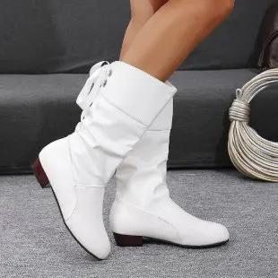 Sapatos Para Mulheres Botas de Cano Alto Primavera Vermelho Preto Branco Botas Altas Mulher Pregueadas Salto Baixo Casual Couro Feminino Sapatos Longos