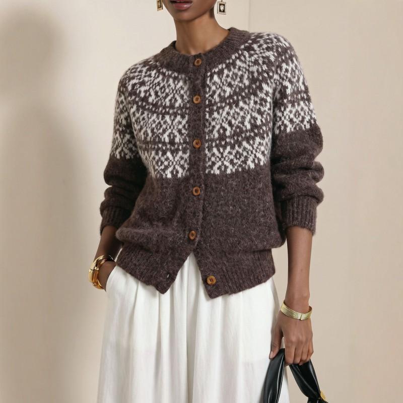 Womens Fair Isle Knit Cardigan Sweater Loose Fit Round Neck Warm Long Sleeve Outerwear