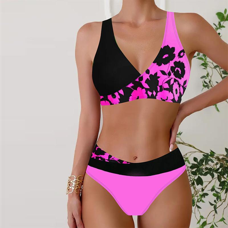 Damen Bademode Bikini 2-teiliger Badeanzug Rückenfrei Neckholder Strandbekleidung Gelb Blumen Print Badeanzüge Badeanzug mit Hängendem Hals
