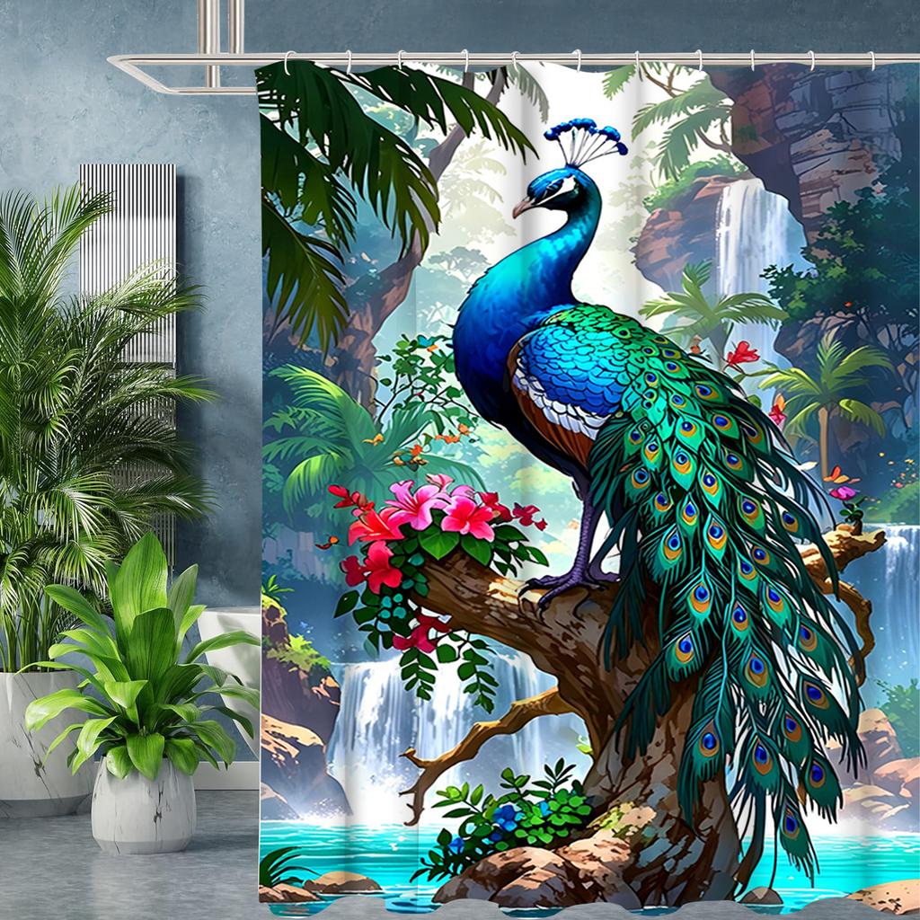 Animal Elegant Peacock Pattern Bathroom Shower Curtain With 12 Hooks Home Bathroom Decor And Accessories