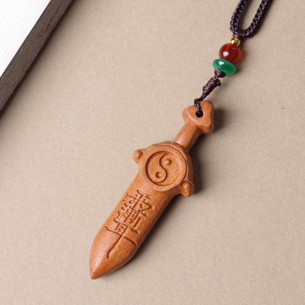 Jujube Wood Carved Zodiac Peace Buckle Pendant Necklace with Mountain Ghost Flower Design.