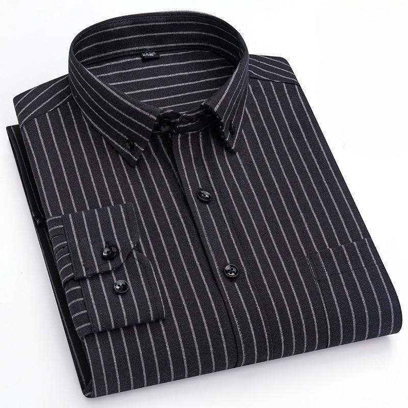 New Pure Cotton Business Men Oxford Shirt Long Sleeve Casual Plaid Striped with Chest Pocket Non-iron Autumn Spring