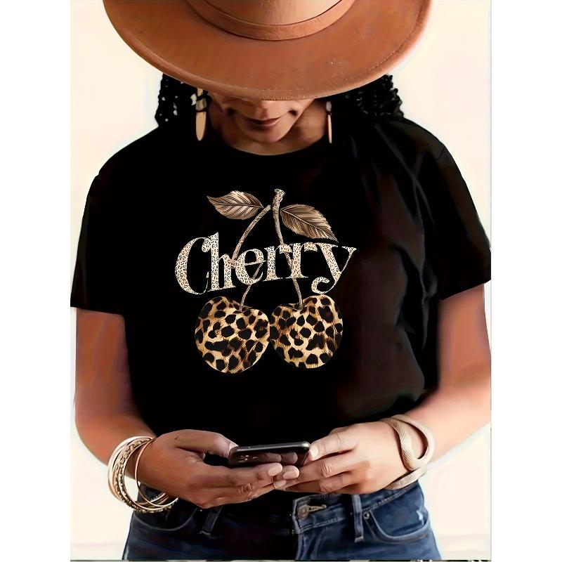 

Жіноча м яка помаранчева футболка з поліестеру з принтом леопарда та вишні, з коротким рукавом, повсякденна, для вечірки, вихідних, модна, можна прати в машині, топ 4XL чорний