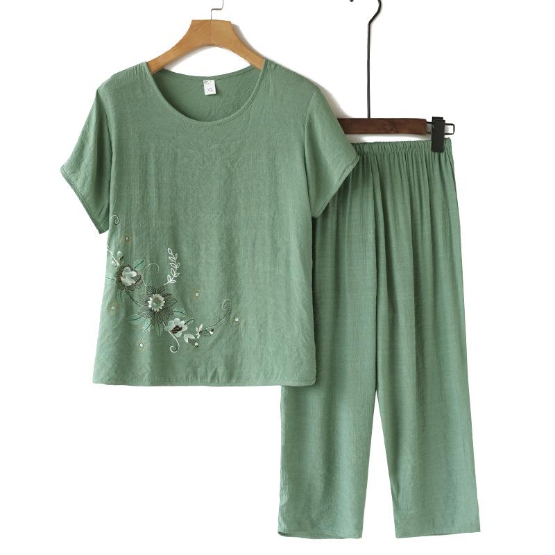 

Summer Cotton Linen Print Set for Middle-Aged and Elderly Women: Fashionable Plus Size Casual Two-Piece Pajamas. XXXL зелений