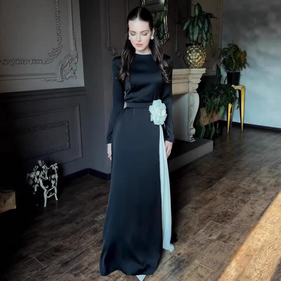 European Autumn Color Block Long Sleeve Pleated Slim Fit Dress with Waist Tie