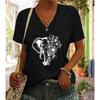 Fashion Minimally Drawn Elephant Painting Blouses Short Sleeved V-Neck T Shirts Casual