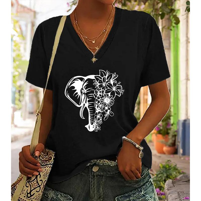 Fashion Minimally Drawn Elephant Painting Blouses Short Sleeved V-Neck T Shirts Casual