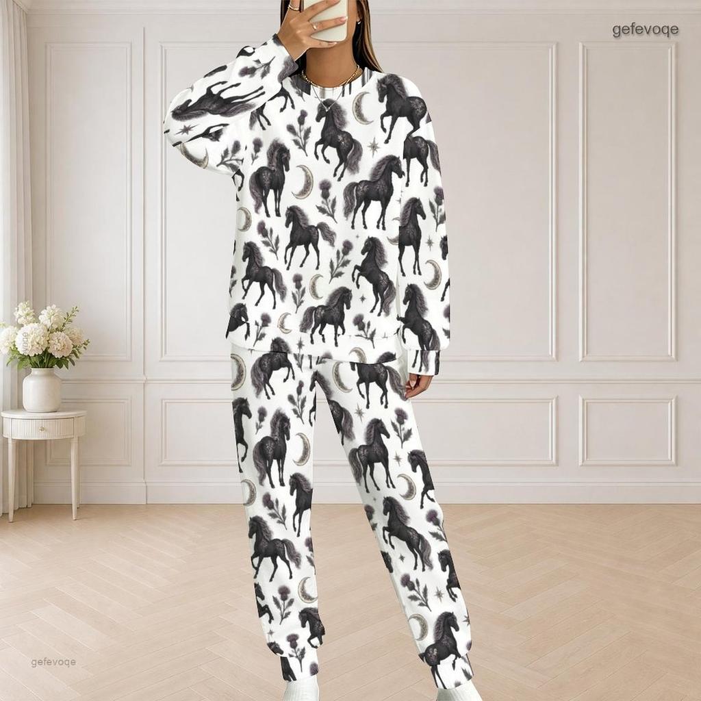 Women Plus Size Round Neck Long Sleeve Halloween Cactus Print White Two Piece Loungewear Set