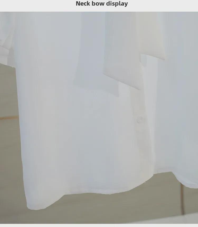 Women's White Chiffon Bow Tie Shirt - Summer Short-Sleeved Professional Top