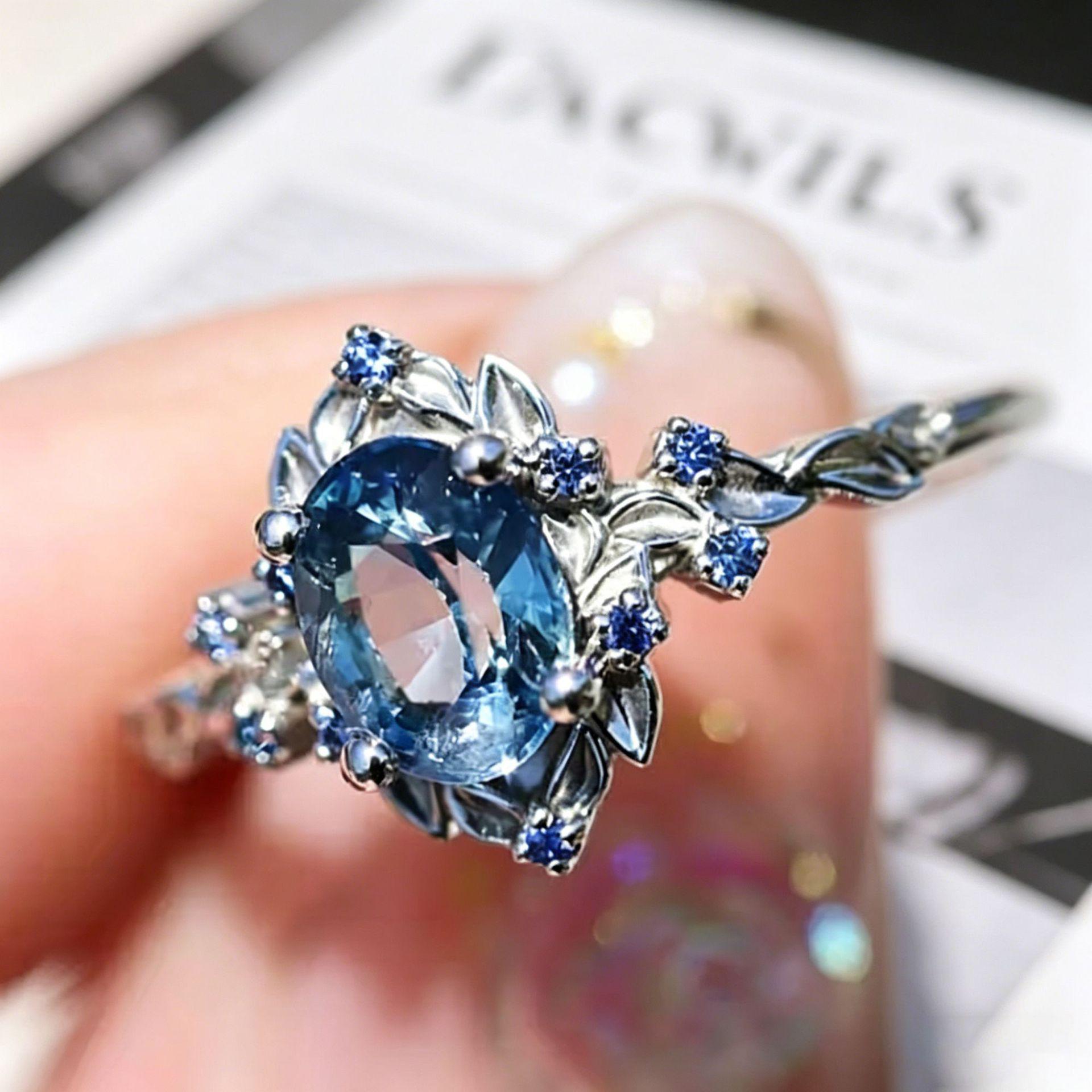 Yanbai Elegant Vine Blue Zircon Copper Ring Size 10